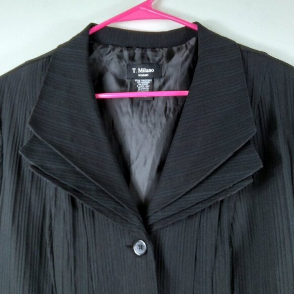 T Milano Black Micro Pleated Triple Lapel Button Up Blazer Sz 14 - Picture 2 of 9